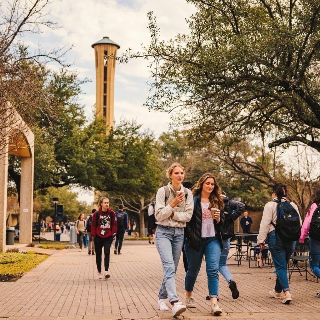 College students chat and walk across the tree-lined brick path with the campus bell tower in the background. Photo via Instagram user @universityofdallas