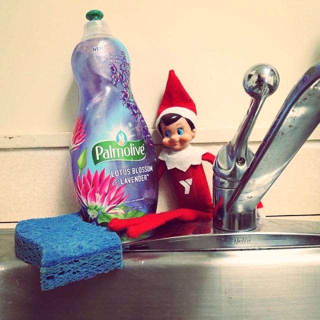 Elf on the Shelf Hidden Behind the Dish Soap Near the Sink. Photo by Instagram user @mvymca