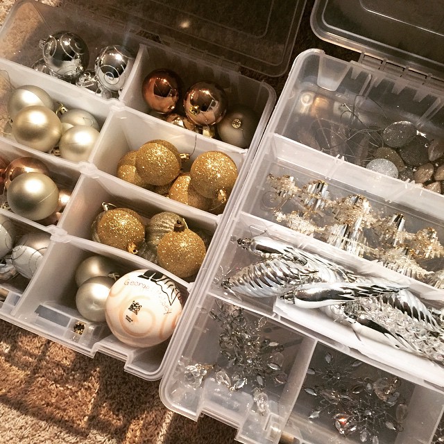 Christmas Ornaments Neatly Organized in Plastic Containers. Photo by Instagram user @kelseymsnyder