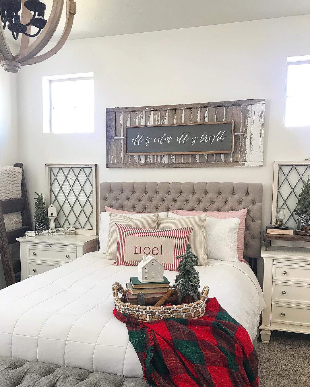 Guest Room Adorned with Christmas Blankets, Pillows, and Other Decorations. Photo by Instagram user @down_mulberry_lane
