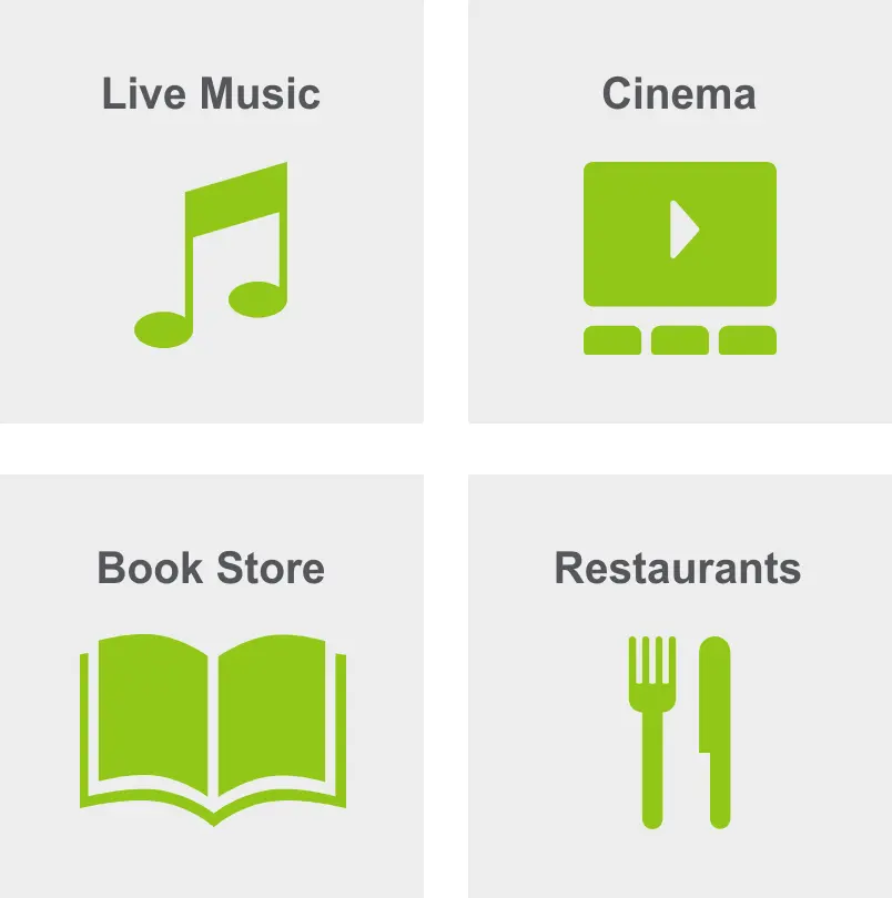 Activities in Mid-Town Belvedere includes live music, a cinema, a book store, and restaurants. 