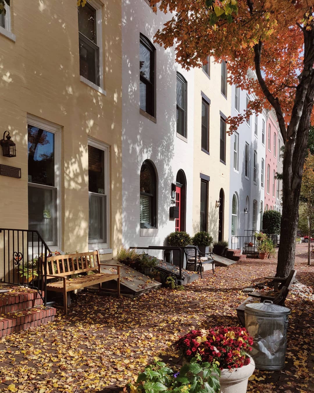 Front of rowhouses with leaves on the sidewalk Photo by Instagram user @isaiahrw