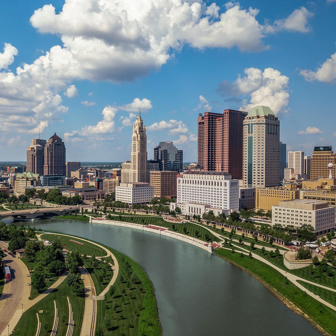 Columbus skyline from drone photo by Instagram user @sterlingdroneography