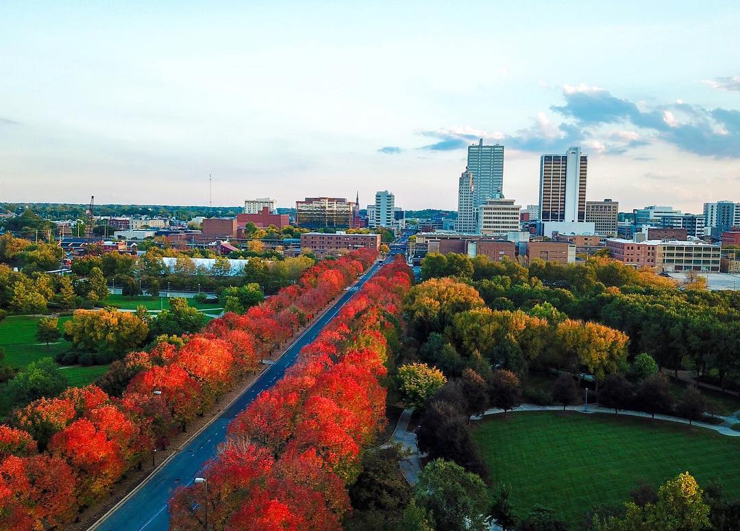 Fort Wayne skyline with red trees photo by Instagram user @visitfortwayne