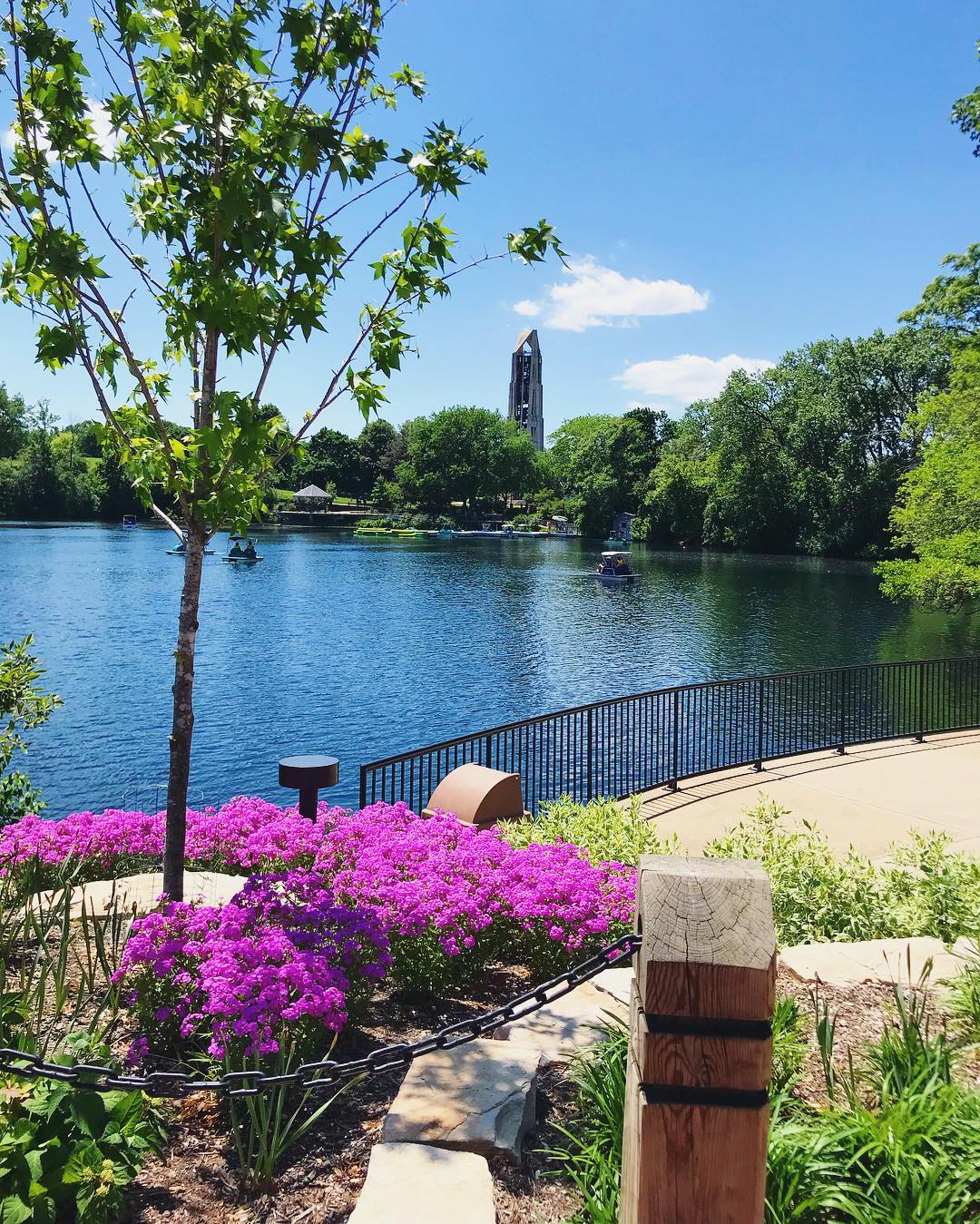 Carilon tower on the Naperville Riverwalk photo by Instagram user @suebetuliushomes