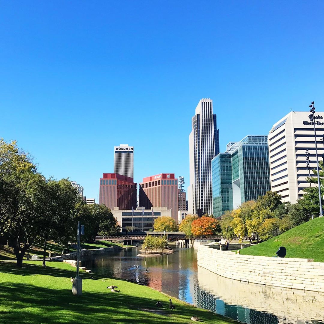 Downtown Omaha skyline from Gene Leahy mall photo by Instagram user @shesavesshetravels