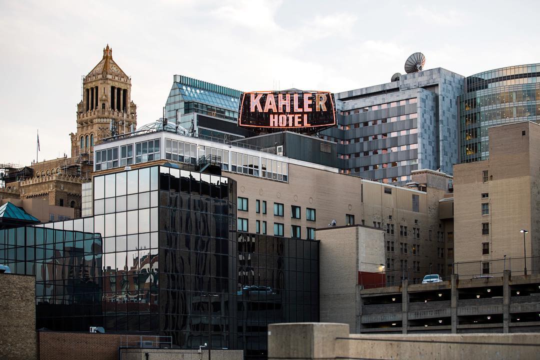 Rochester MN skyline with Kahler hotel sign photo by Instagram user @minnesotas_rochester