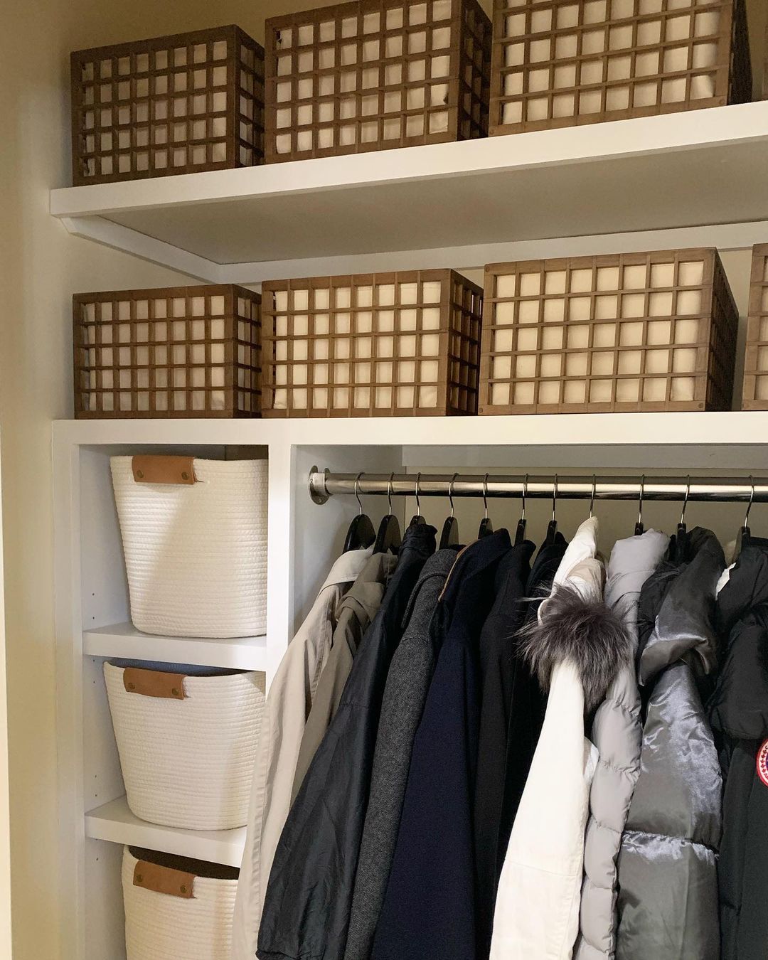 Decluttered Closet with Storage Bins. Photo by Instagram user @organizebynina