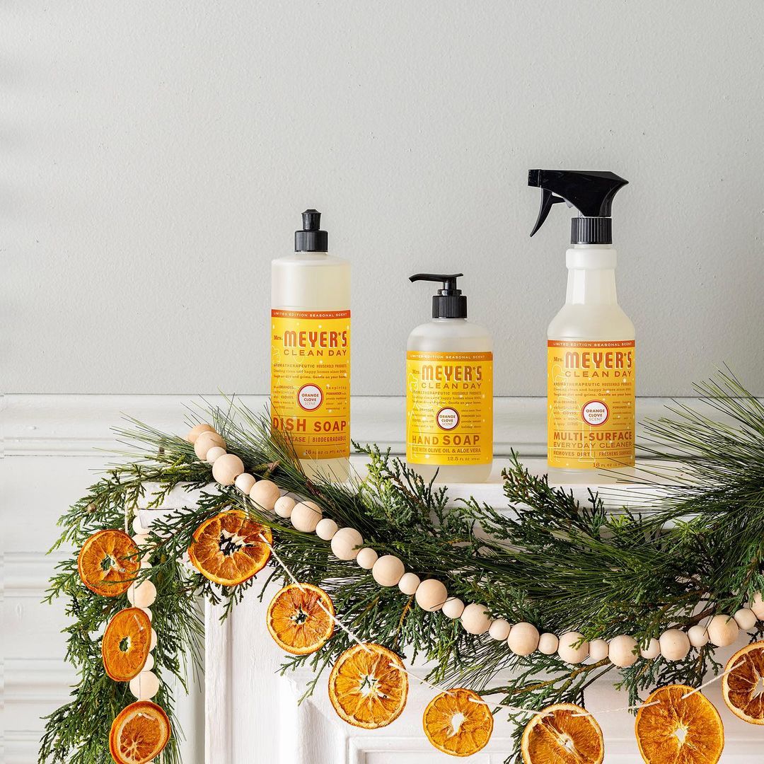 Bottles of Meyers Clean Day Products on a Mantel. Photo by Instagram user @mrsmeyerscleanday