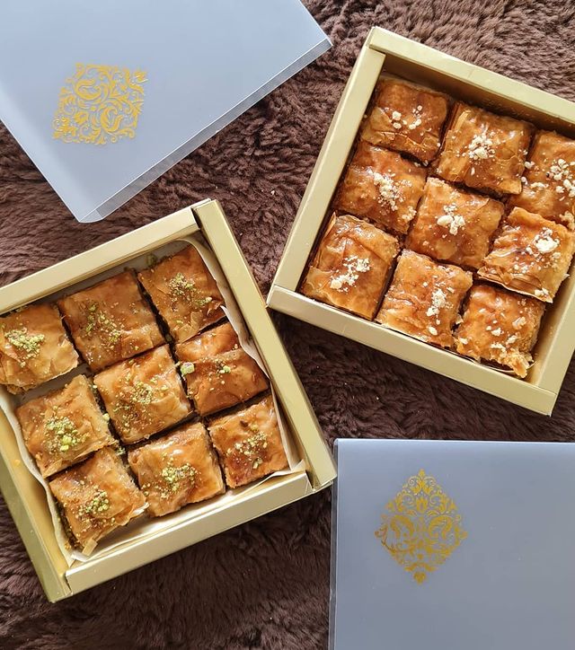 Small Gift Boxes of Almond Baklava and Pista Baklava. Photo by Instagram user @_thegoldenwhisk_
