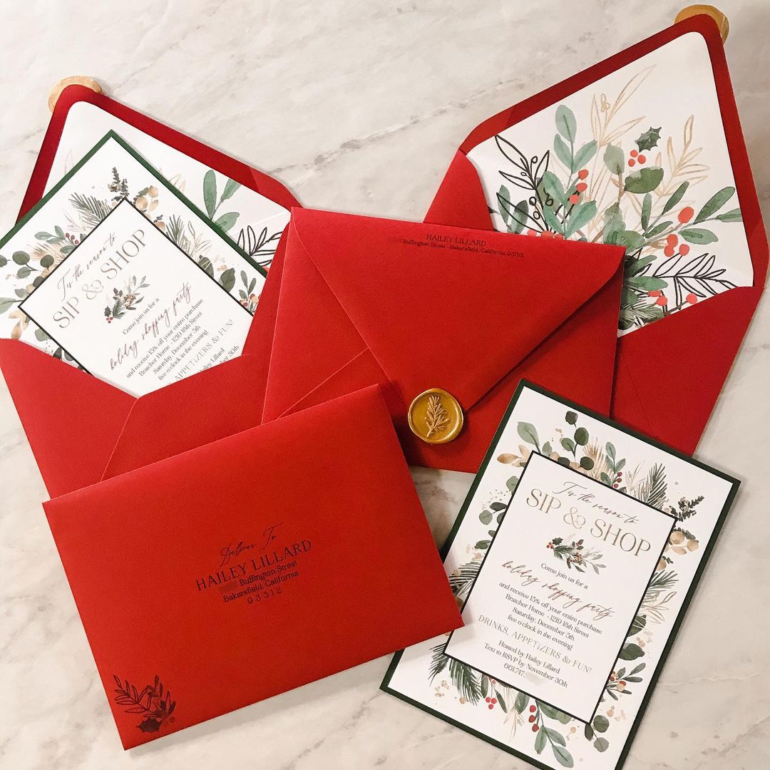 Pile of Holiday Party Invitations. Photo by Instagram user @matinaedesignstudio