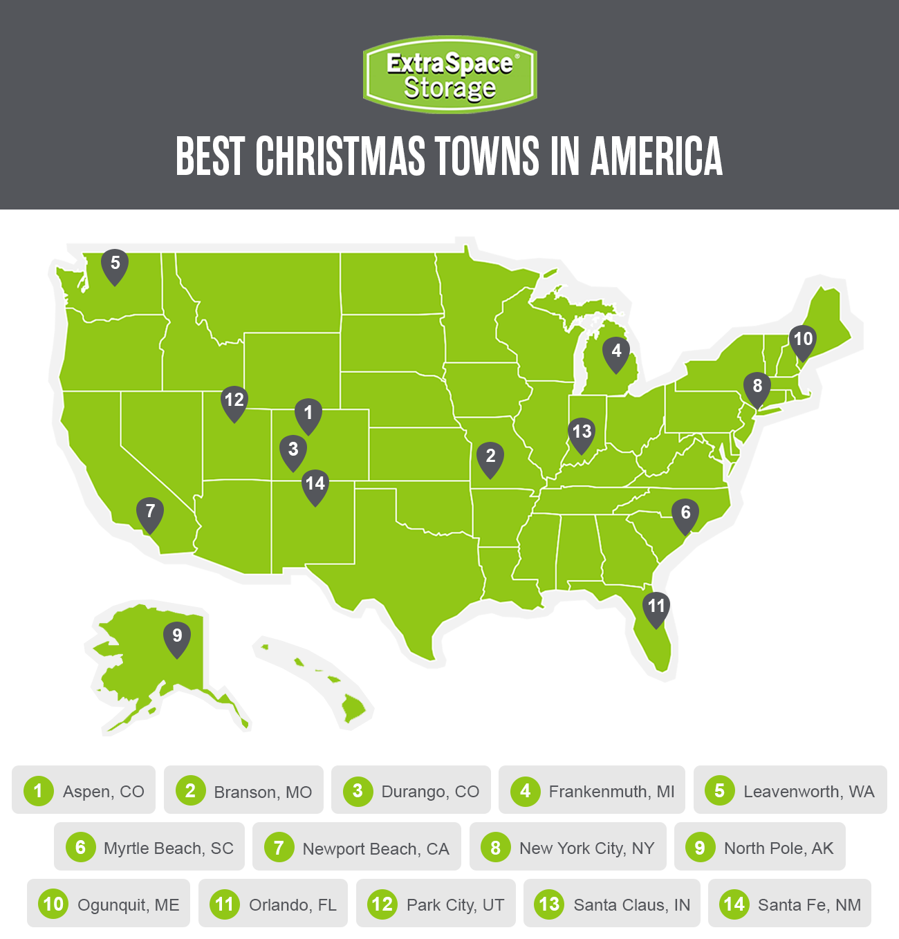 Infographic map of America that indicates the locations of the best Christmas towns.
