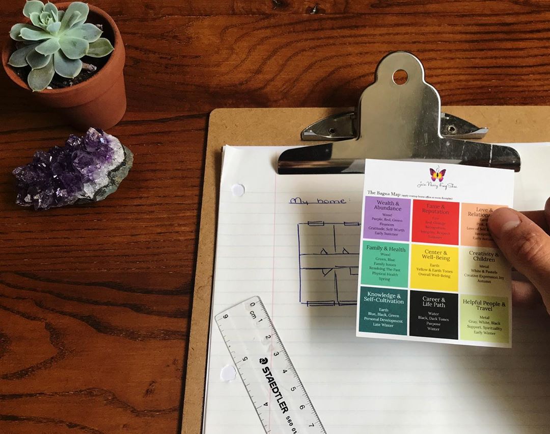 Person holding bagua energy feng shui map while planning home design. Photo by Instagram user @jessneary.fengshui