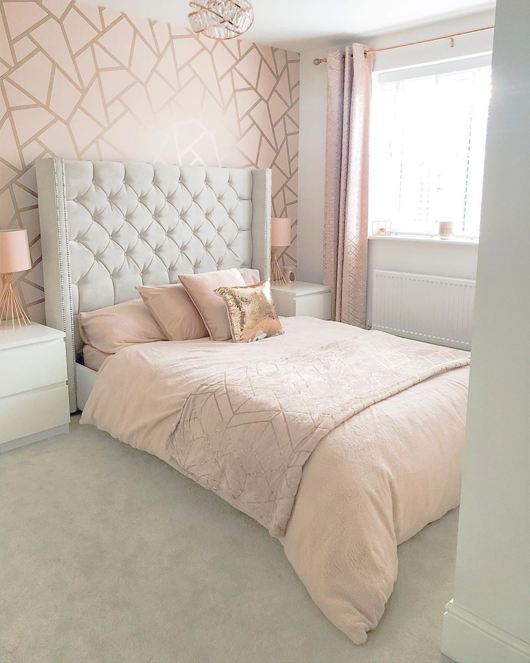 Rose gold bedroom design. Photo by Instagram user @themarklandhome