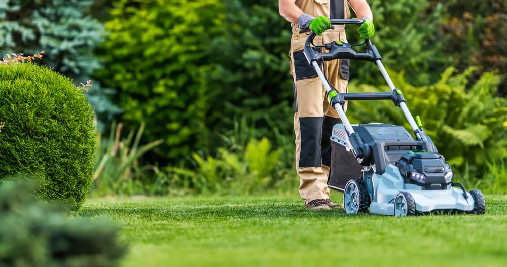A person pushing a lawn mower over a manicured lawn.