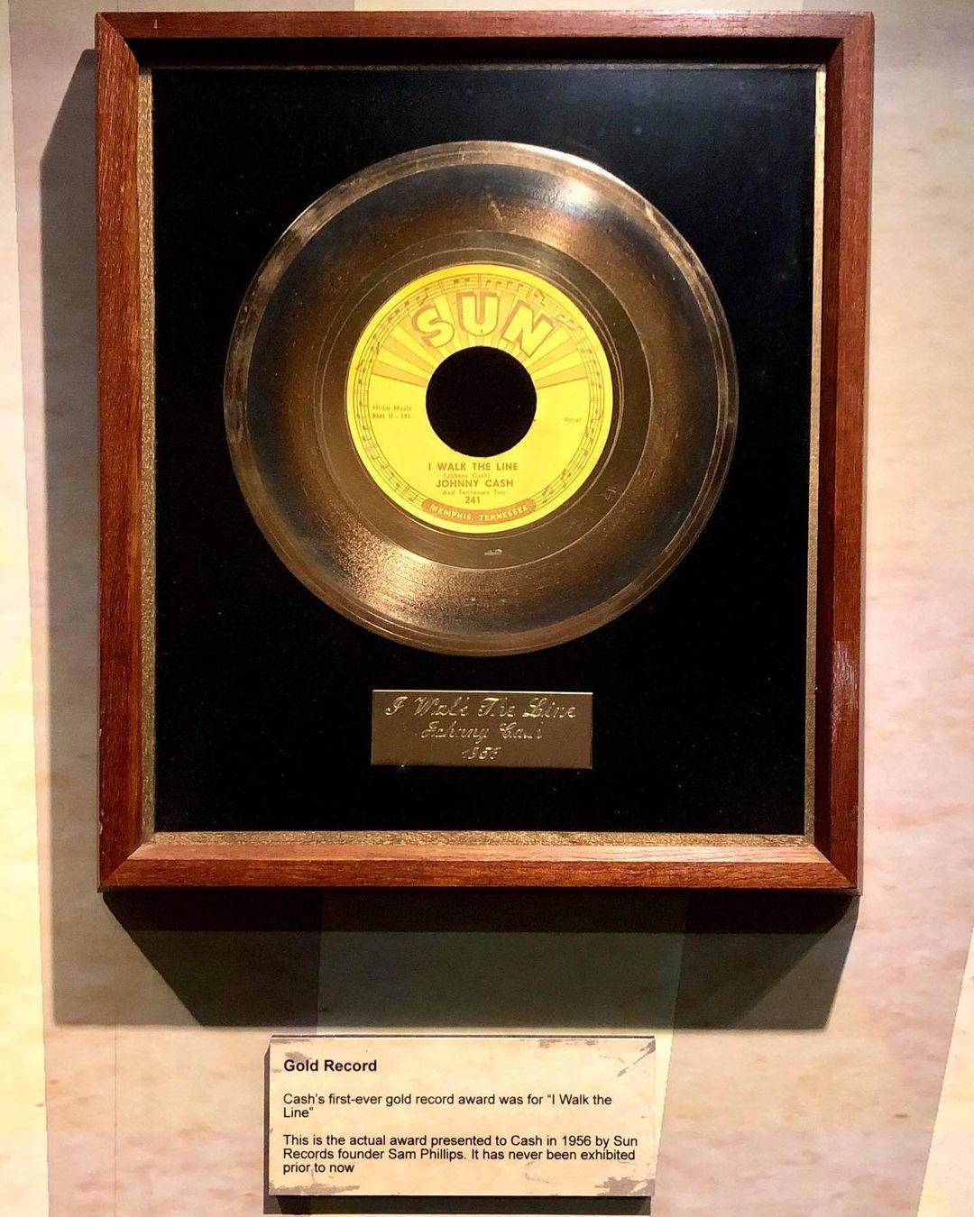 Johnny Cash's Gold Record for Walk the Line at the Johnny Cash Museum. Photo by Instagram user @cashmuseum