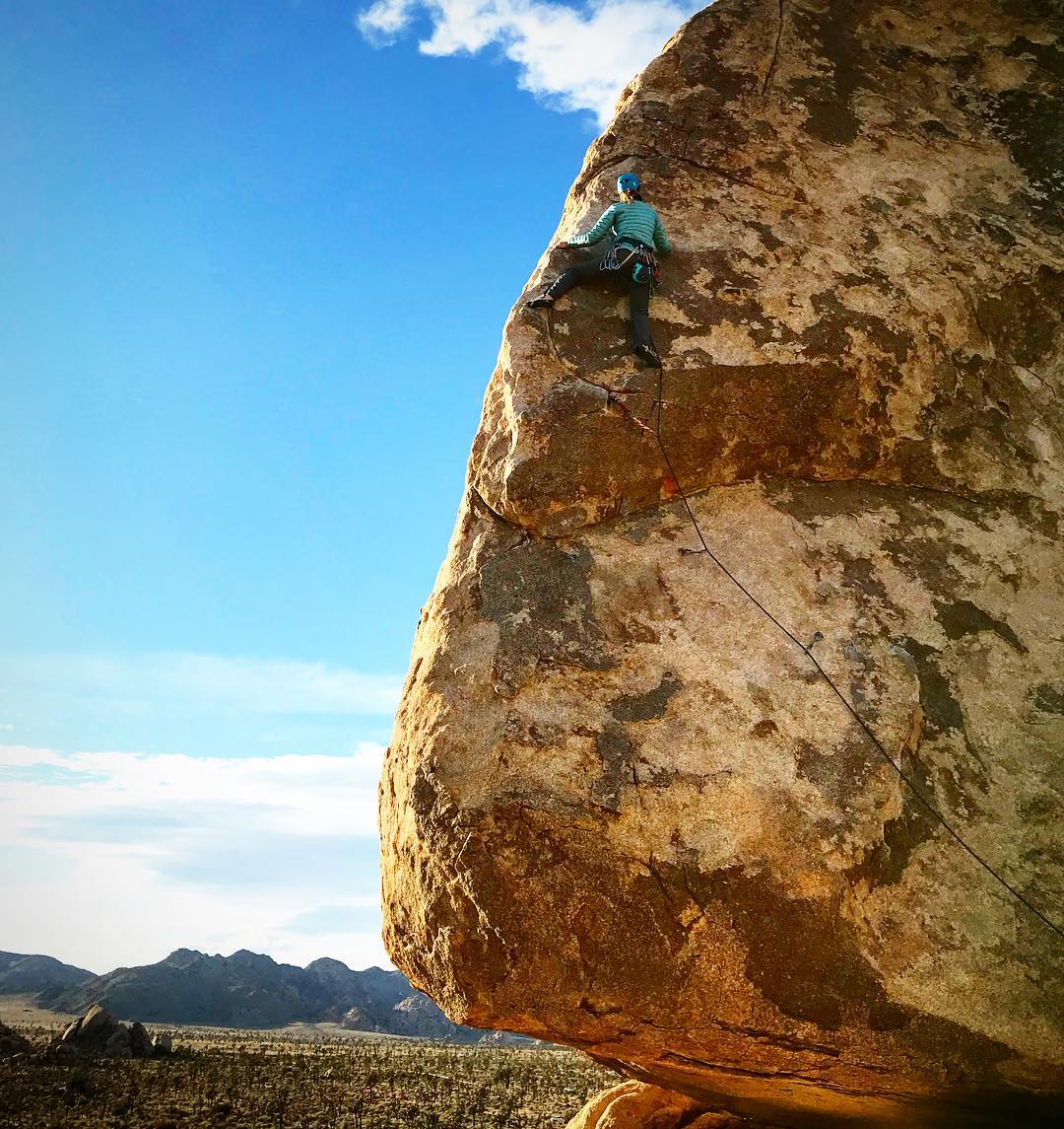 Woman Free Climbing a Cliff at Joshua Tree National Park. Photo by Instagram user @laura.adventures