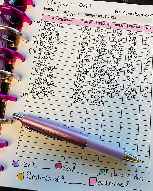 Closeup photo of a budget planner detailing monthly purchases. Photo by instagram user @apinkeclothlife