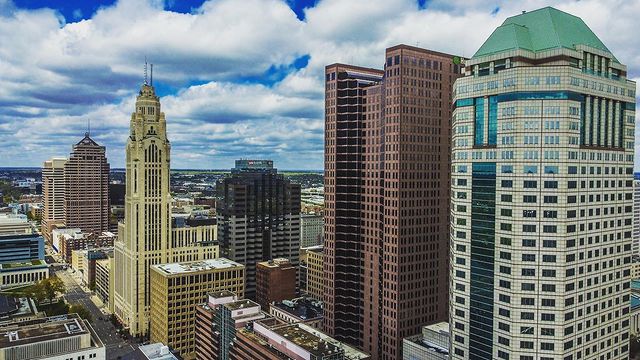 Aerial view of downtown Columbus, highlight Leveque Tower. Photo by Instagram user @jayjones328.