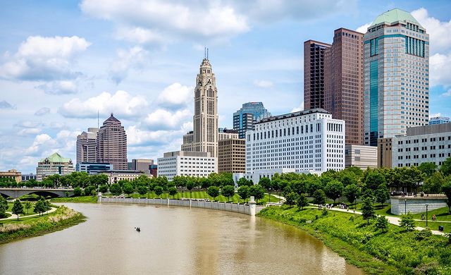 Wide view of Columbus cityscape over the Scioto River. Photo by Instagram user @rfmarquardt.