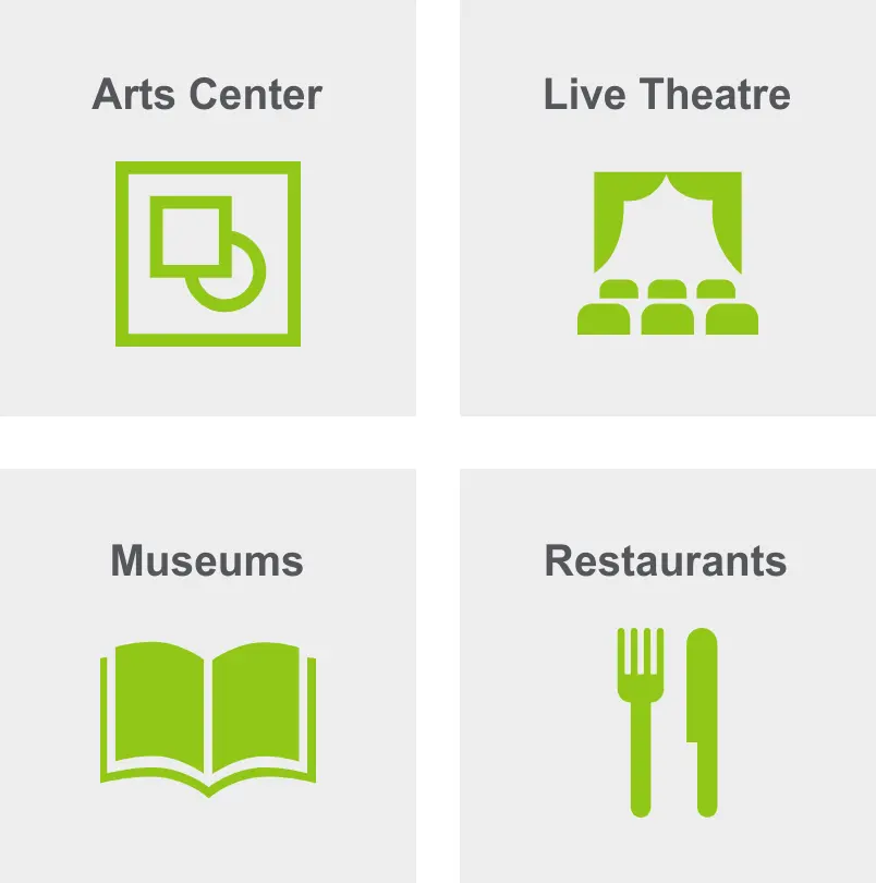 Activities in Downtown Colorado include an arts center, live theatre, museums, and restaurants. 