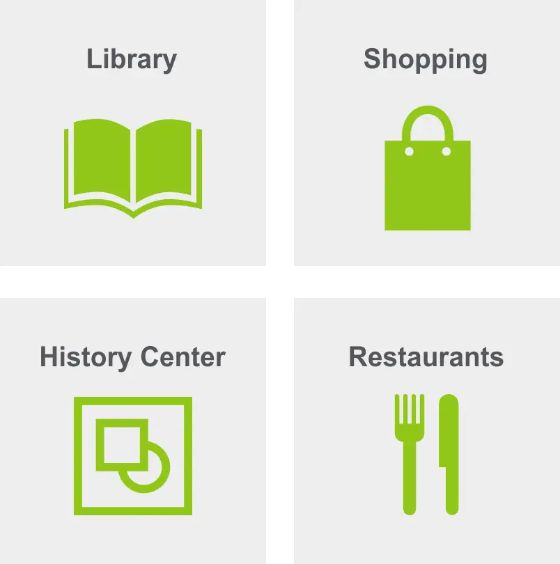 Icons for library, shopping, history center and restaurants