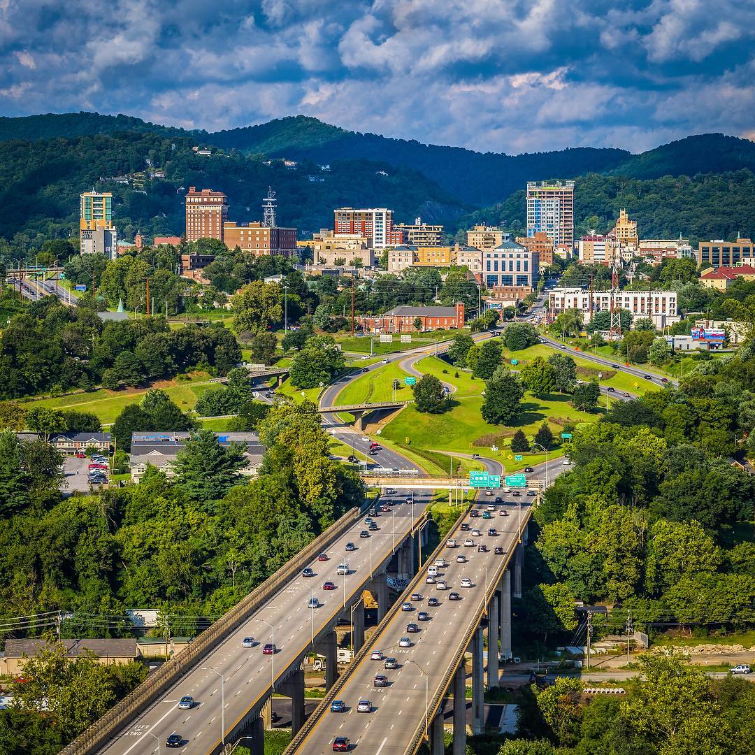 aerial photo of Asheville from the interstate photo by Instagram user @overasheville