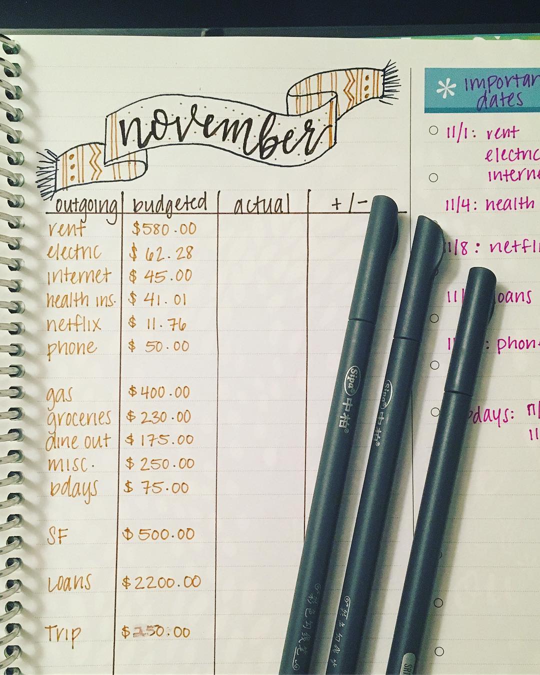 Planner with a Budget for Living Expenses. Photo by Instagram user @chelliesaves