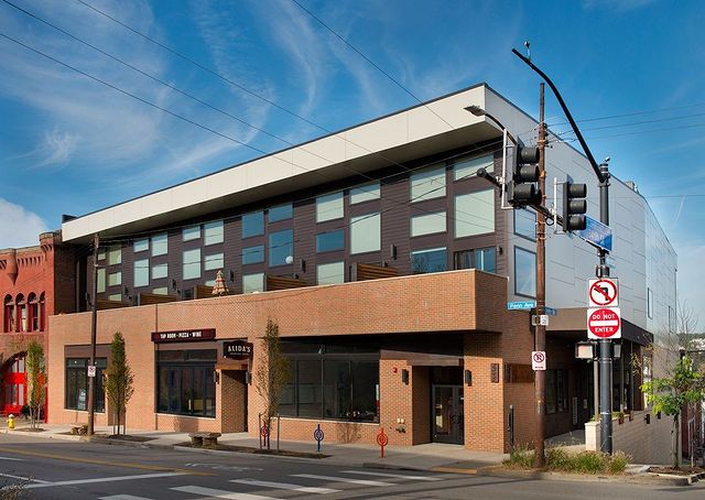 A contemporary mixed use building in the Lawrenceville neighborhood. 