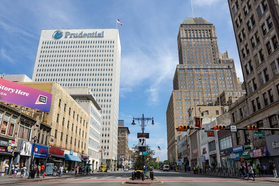 View of Downtown Newark Looking Up Broad St at the Prudential Building. Photo by Instagram user @newarknjblog