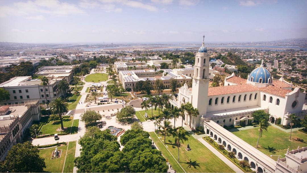 Aerial view of central campus at University of San Diego. Photo by Instagram user @uofsandiego