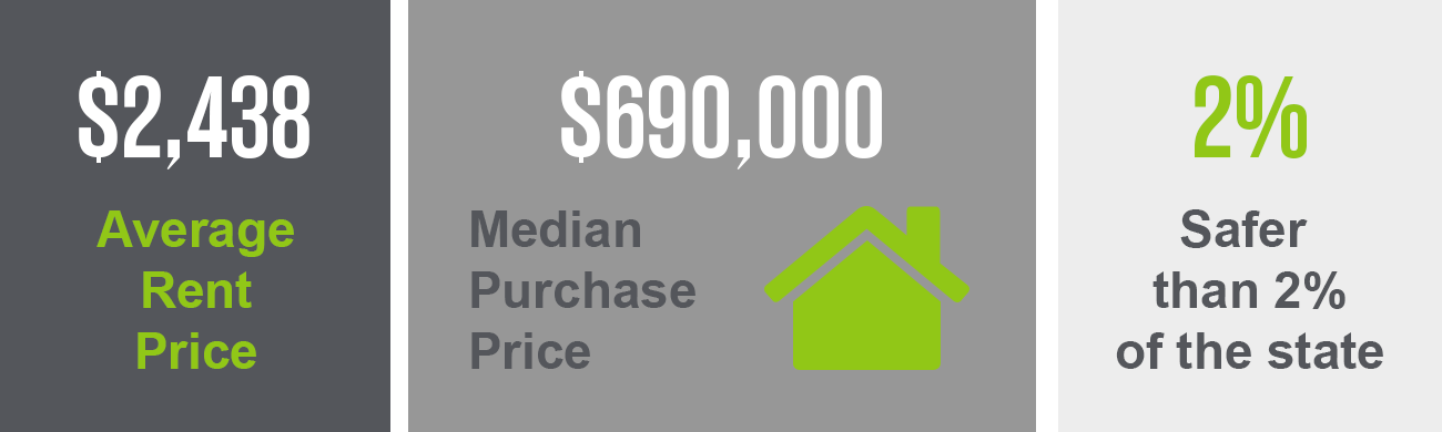 Graphic showing livability statistics of The Gulch, including an average monthly rent price of $2,483, median purchase price of $690,000, and that it's safer than 2% of the state.