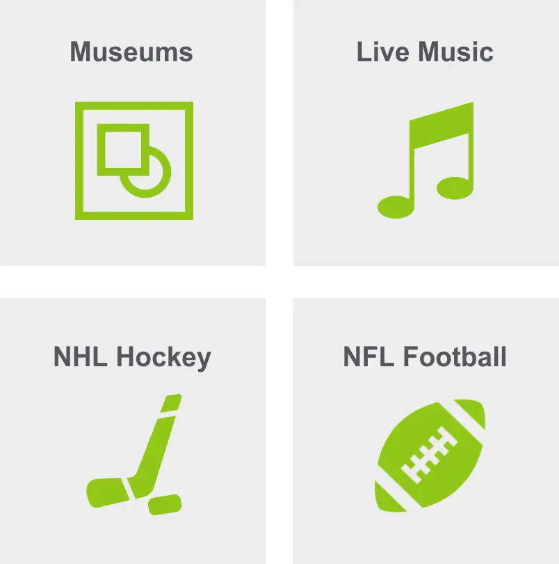Activities in Downtown Nashville include museums, live music, NHL hockey, and NFL Football. 
