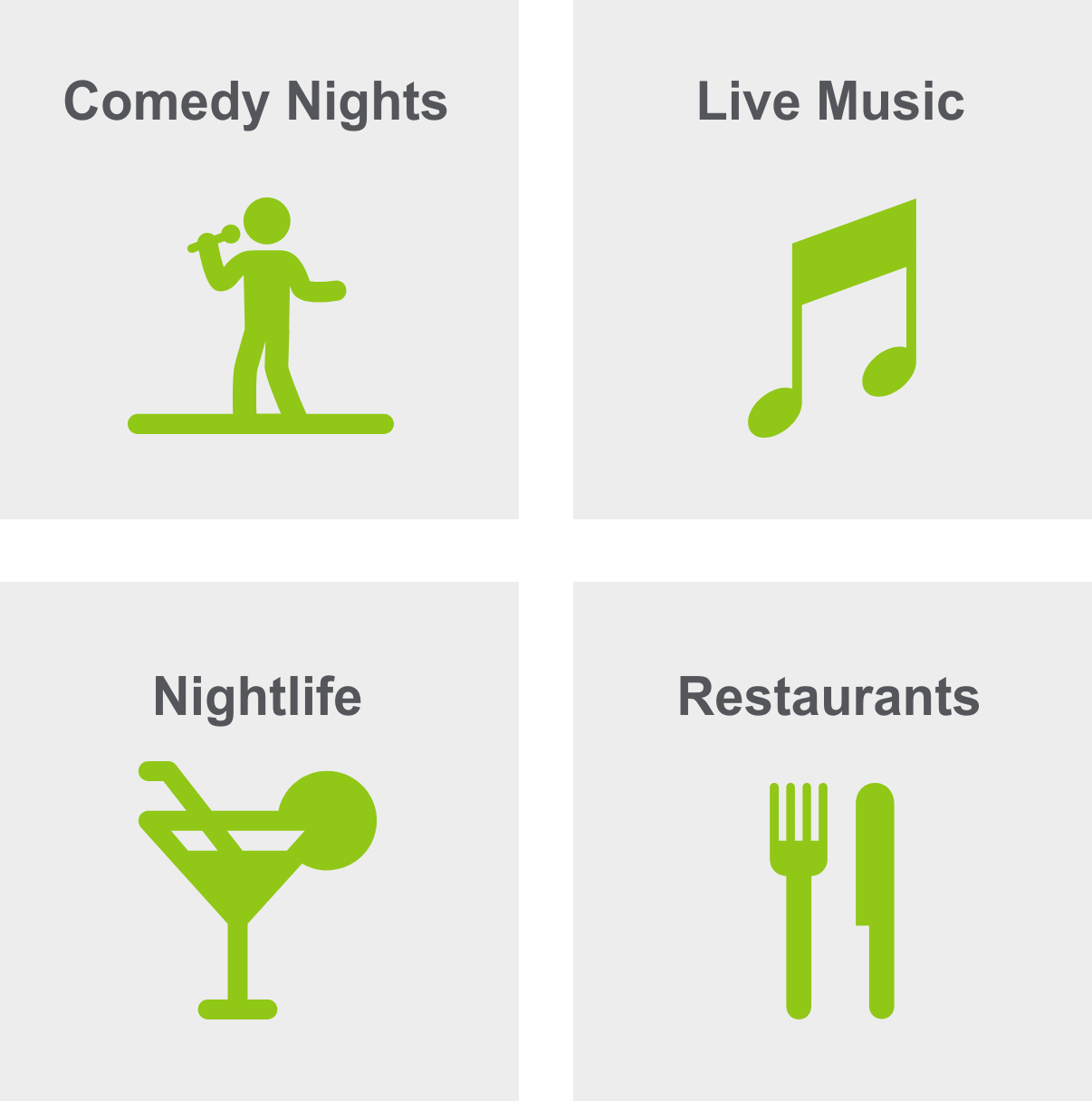 Graphic illustrating top things to do in Music Row, including comedy nights, live music, a strong nightlife scene, and restaurants.