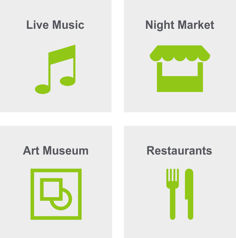 Graphic illustrating top things to do in The Gulch, including live music, a night market, art museum, and restaurants.