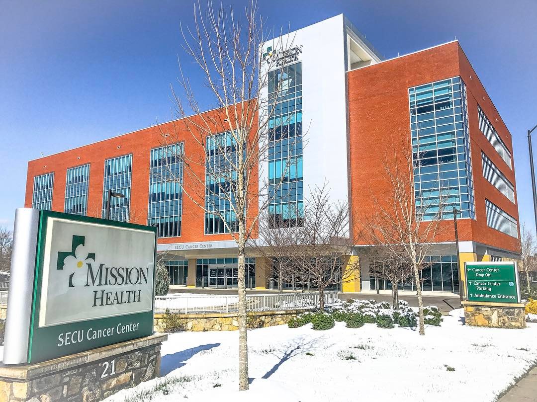 Mission Health Hospital on a snowy day in Asheville, NC. Photo by Instagram user @missionhealthnc