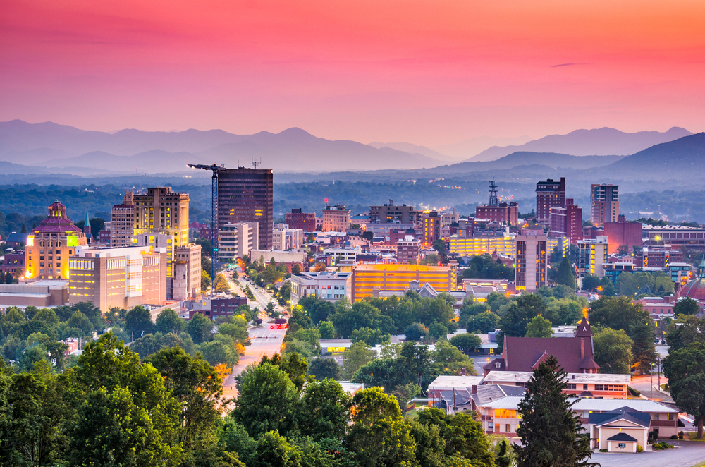 Pink sunset of the Asheville, NC skyline