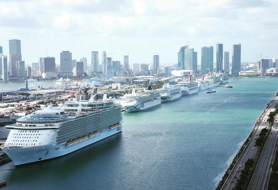 Aerial view of cruiseships in the Port Miami in Miami, FL. Photo by Instagram user @portmiami