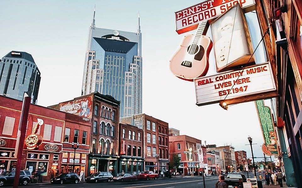 Street shot of businesses lined along Music Row in Nashville, TN. Photo from Instagram user @thesamanthakelly.