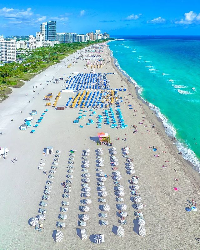 Arial viw of beach umbrellas and the shoreline of Miami beach. Photo by Instagram user @remotepilotmike