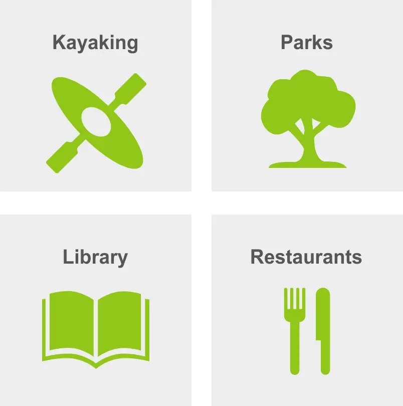 Activities in Great Hills includes kayaking, parks, library, and restaurants.