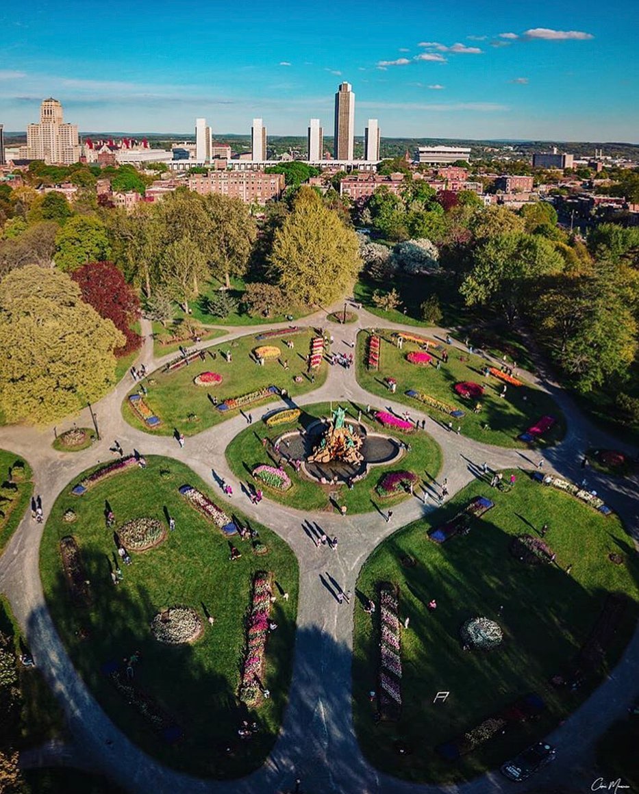 Aerial view of Washington Park with tulips. Photo by Instagram user @chrism741