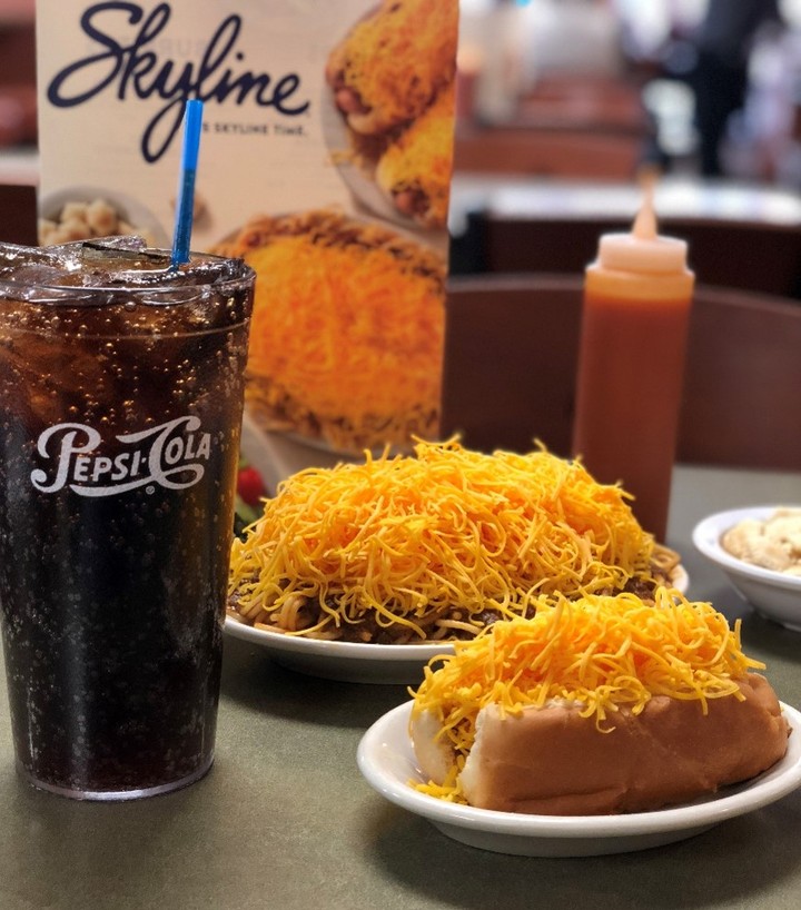 Hotdog and noodles covered in Cincinnati chili and cheese at Skyline Chili in Cincinnati. Photo by Instagram user @officialskylinechili
