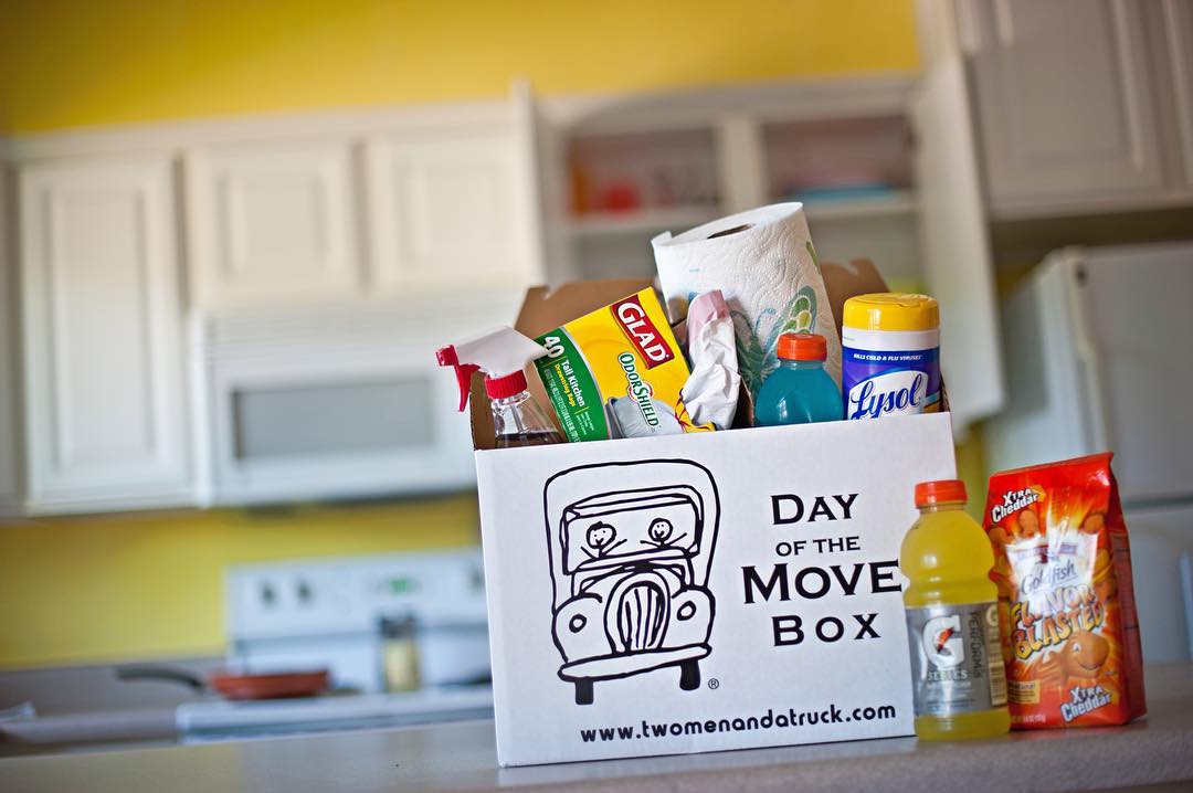 Box that has drinks, food, and cleaning supplies. Photo by Instagram user @twomenandatruck