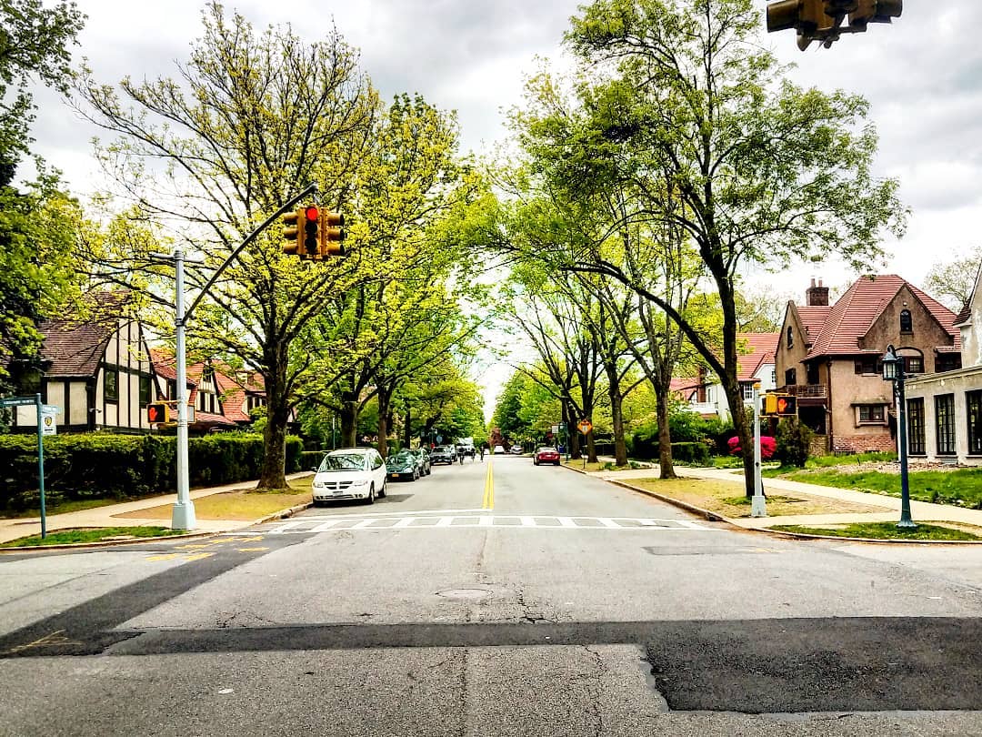 Street view of brick houses in Forest Hills in Queens. Photo by Instagram user @rochdalian