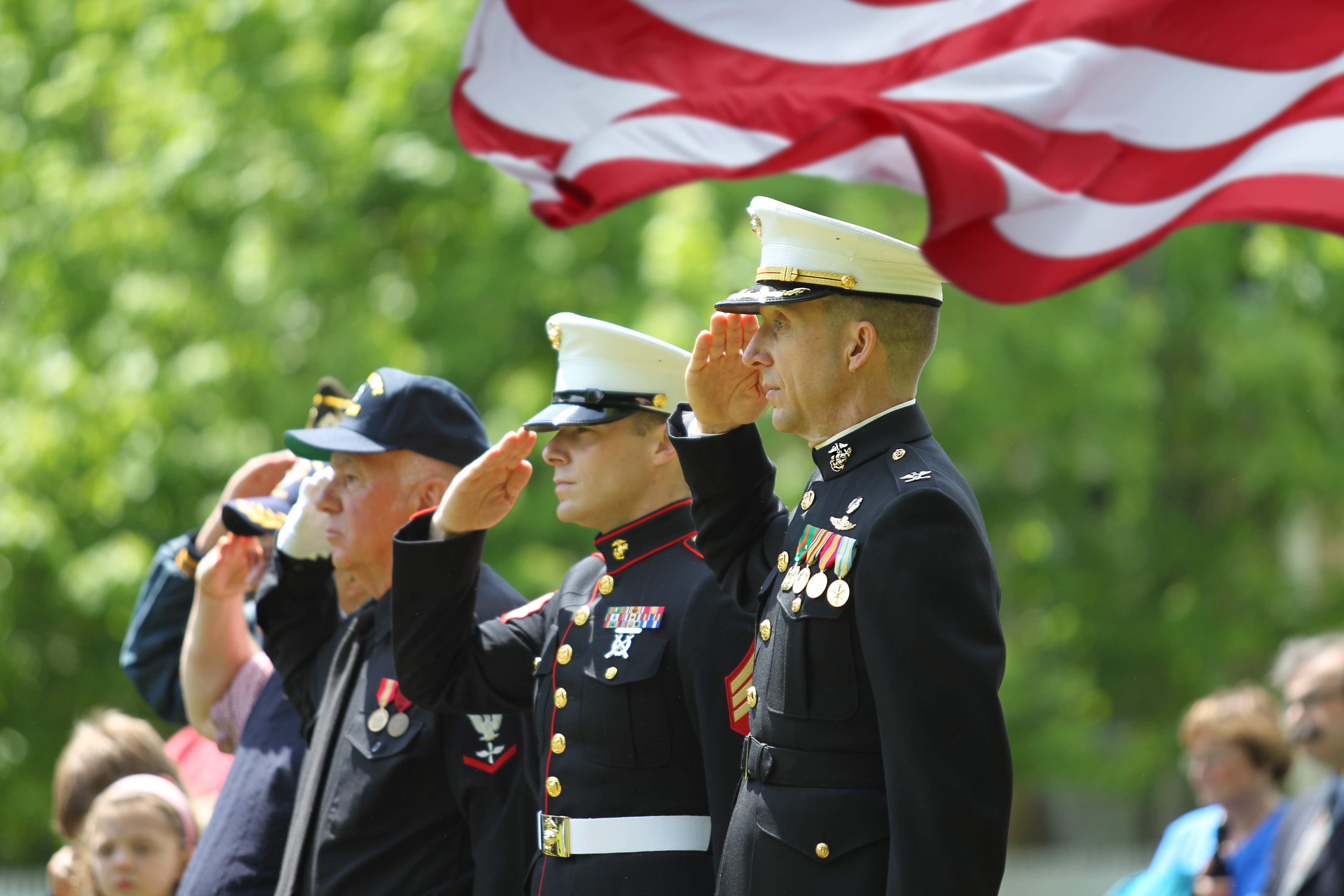 military service members saluting flag