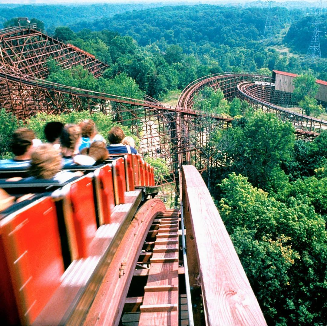 Rollercoaster going down on a hill at Kings Island in Cincinnati. Photo by Instagram user @kingsislandpr