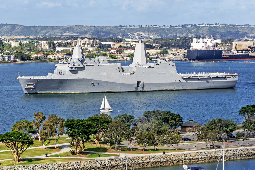 Large navy boat on the water in Coronado, CA