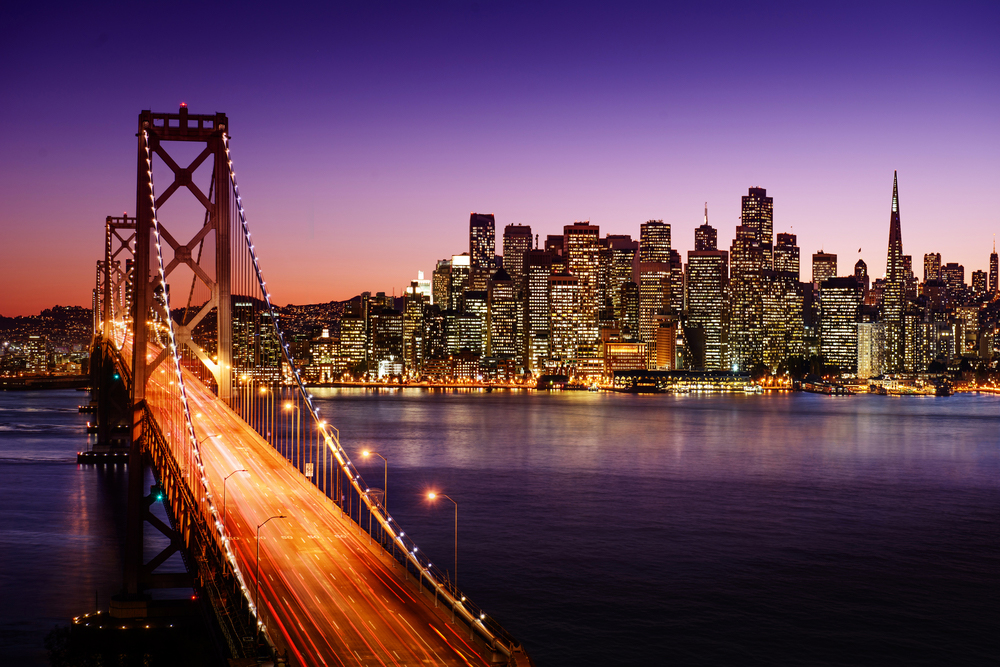 Aerial shot of the Golden Gate Bridge at night.