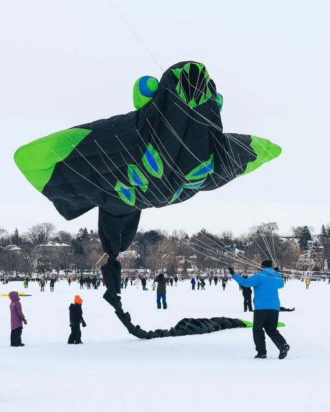 Giant green and black kite being flown at the Lake Harriet Winter Kite Festival. Photo by Instagram user @nickbusse.